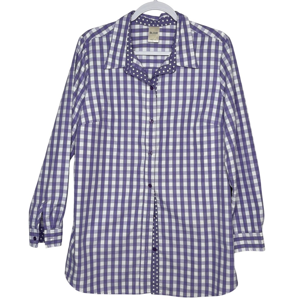 Blair Gingham Button Down Shirt Medium Purple Polka Dot Trim Cottagecore Boho